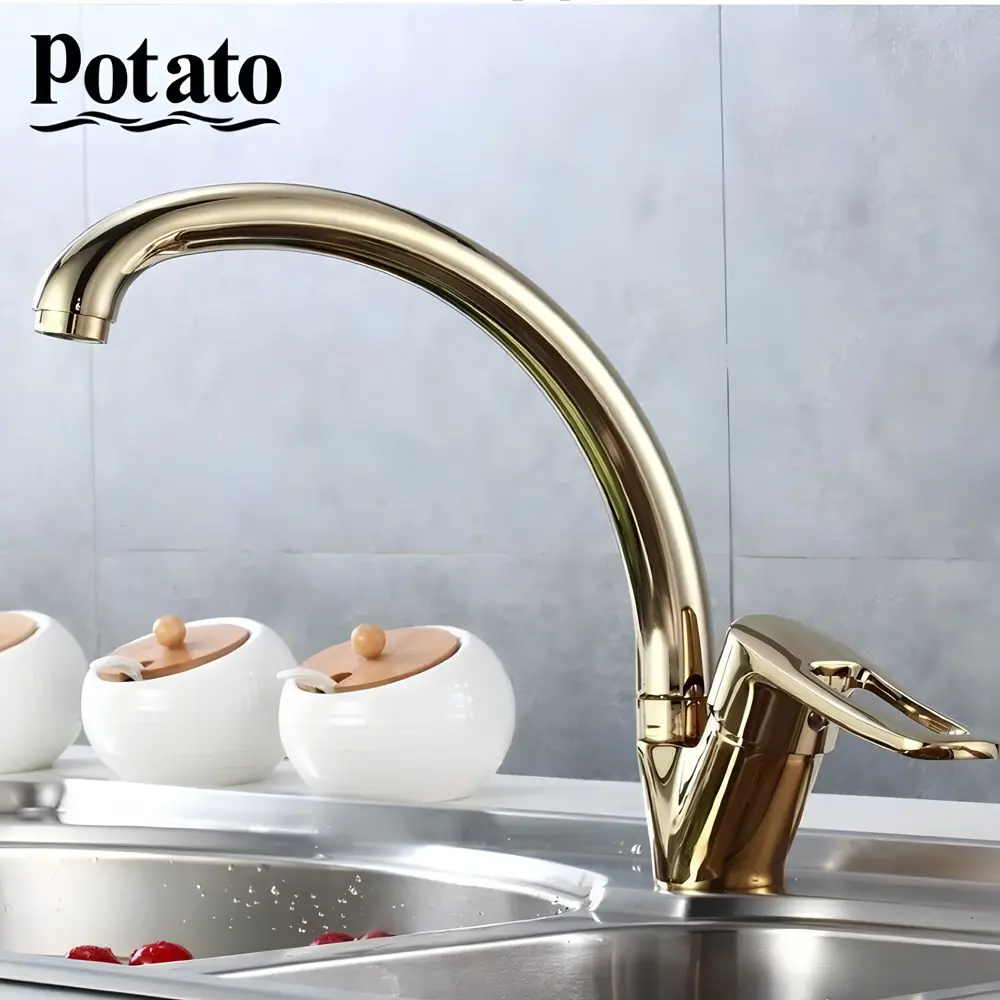 Фото 3 Смеситель для кухни Potato P59150-4N поворотный излив 26 см цвет золотистый Фото 3 Смеситель для кухни Potato P59150-4N поворотный излив 26 см цвет золотистый