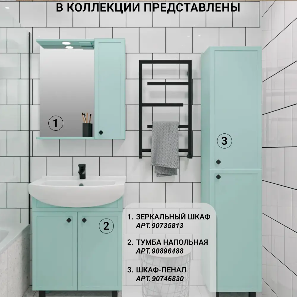 Фото 4 Пенал для ванной комнаты Runo Римини 35 см цвет мята правый Фото 4 Пенал для ванной комнаты Runo Римини 35 см цвет мята правый