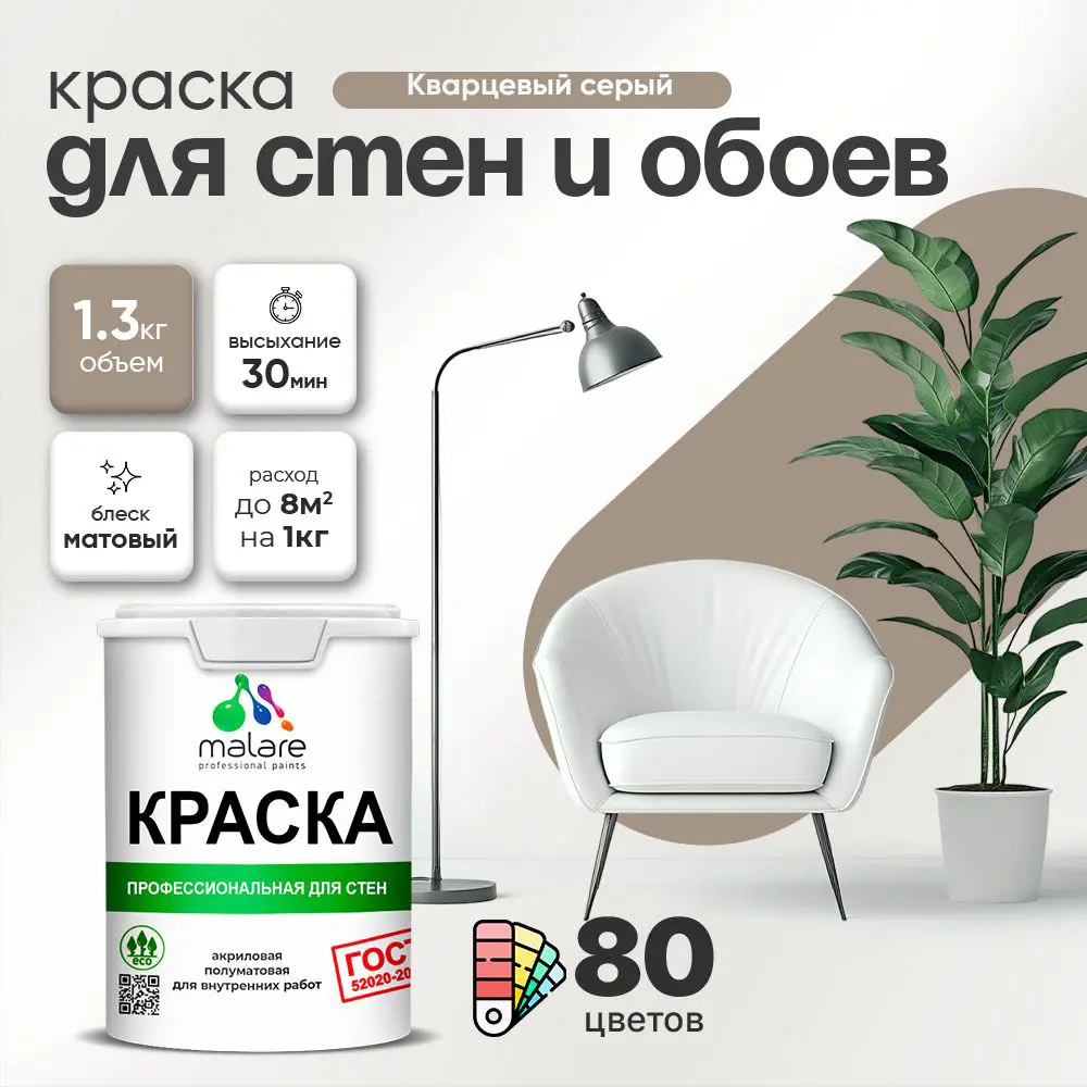 Фото Краска для стен Malare Professional без запаха матовая цвет кварцевый серый 1л Фото Краска для стен Malare Professional без запаха матовая цвет кварцевый серый 1л