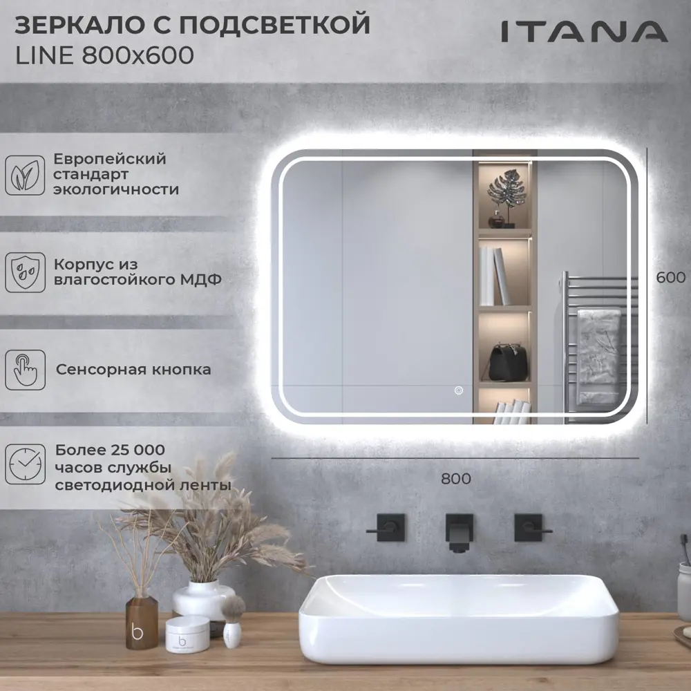 Фото 5 Зеркало с подсветкой Итана Line 600x32x800 скругленное Фото 5 Зеркало с подсветкой Итана Line 600x32x800 скругленное