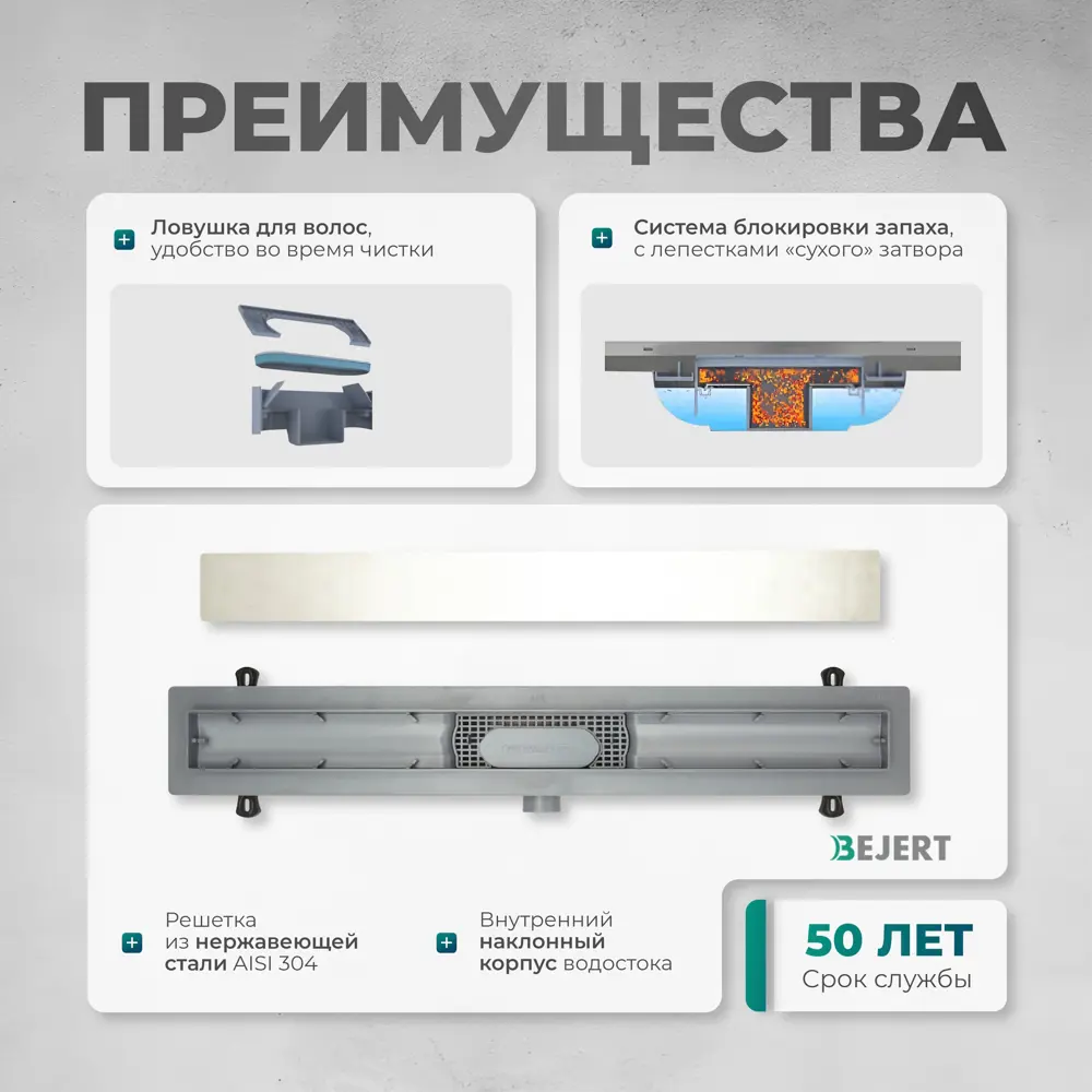 Фото 3 Трап для душа Bejert B716B290-01040-3 комбинированный затвор 11.2x90 см нержавеющая сталь