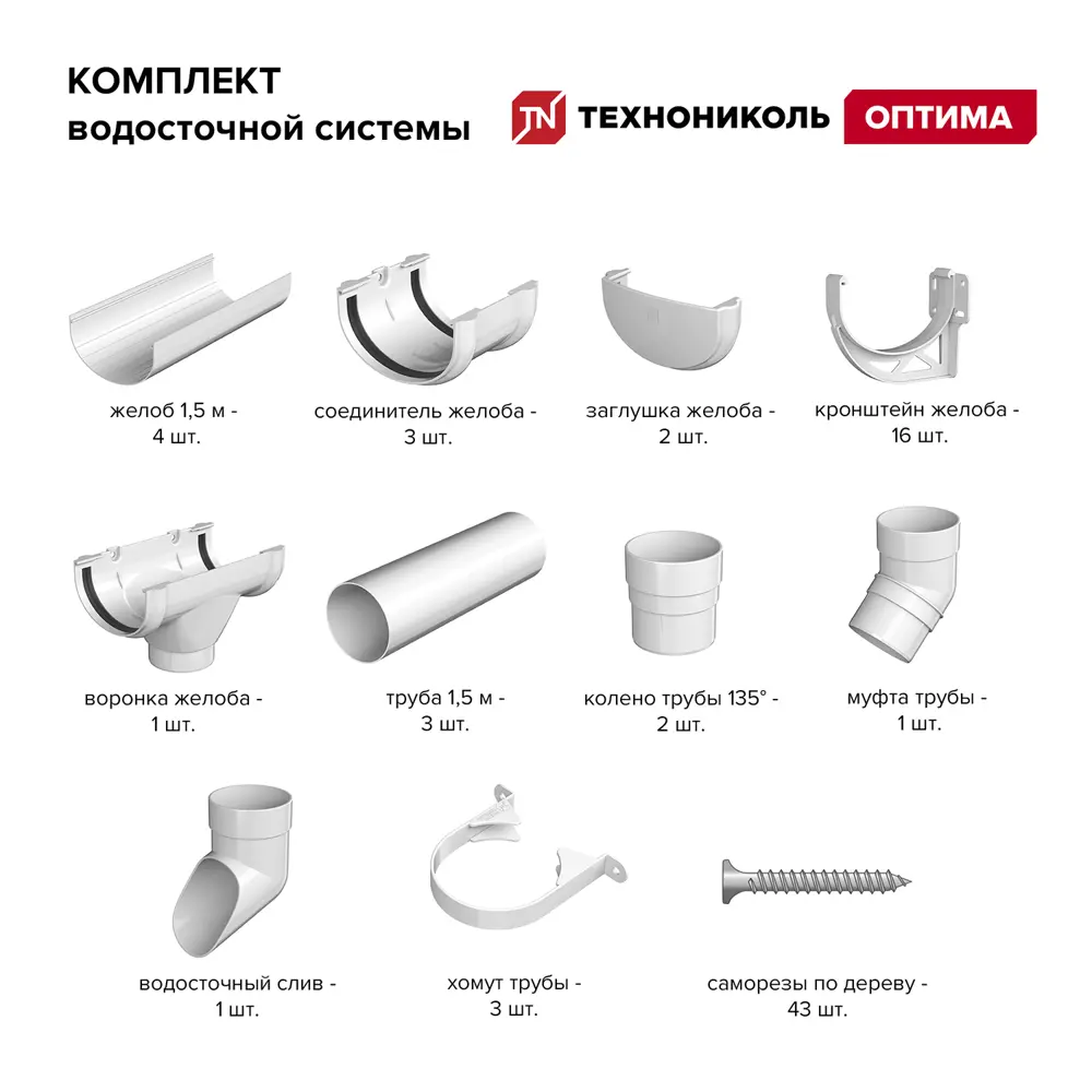Фото 3 Комплект водосточной системы Технониколь Оптима 6м труба 1.5м цвет белый Фото 3 Комплект водосточной системы Технониколь Оптима 6м труба 1.5м цвет белый