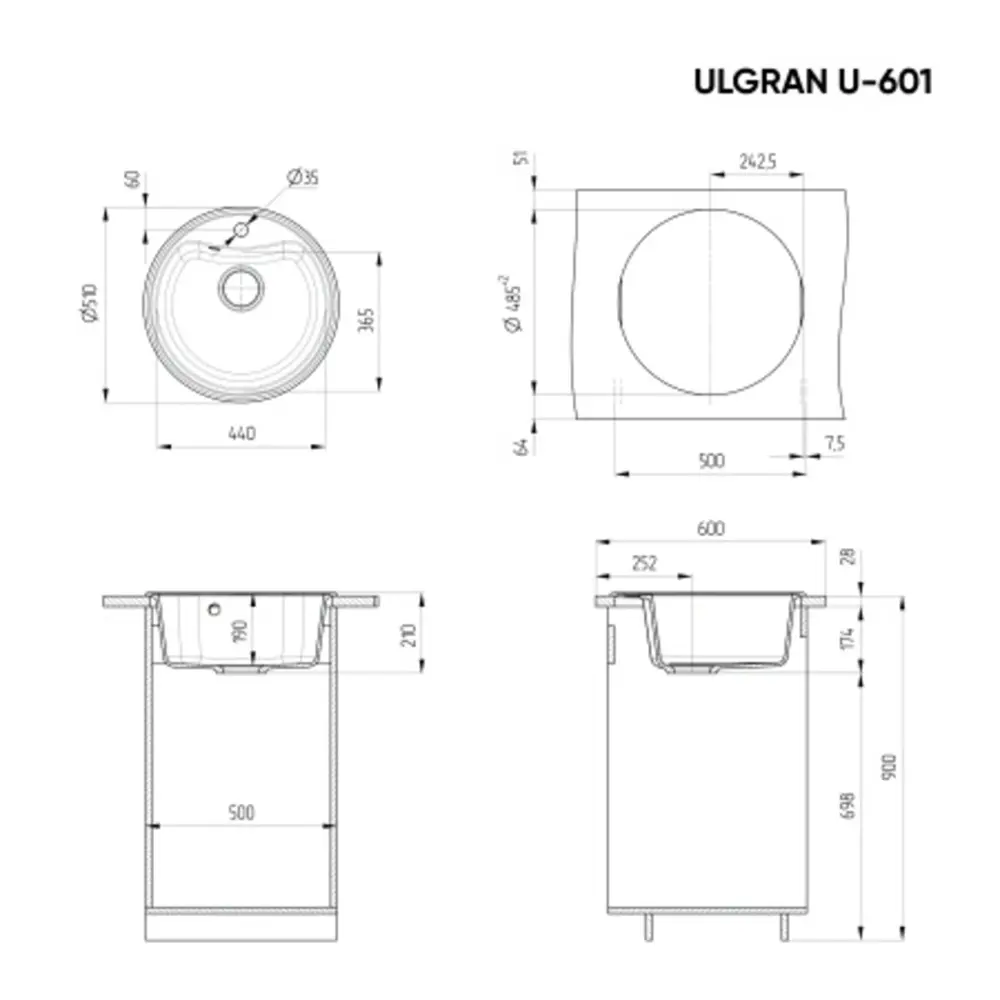 Фото 3 Врезная мойка Ulgran U-601 51x51x19 см искусственный камень цвет графит Фото 3 Врезная мойка Ulgran U-601 51x51x19 см искусственный камень цвет графит