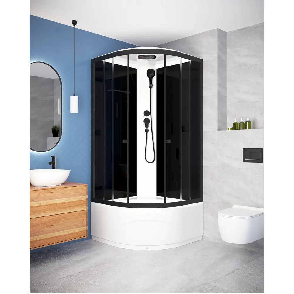 Фото 7 Душевая кабина Domani-Spa Delight Slim 99 high 90x90x218 высокий поддон, черные стенки, прозрачное стекло, графит профиль, Black accents Фото 7 Душевая кабина Domani-Spa Delight Slim 99 high 90x90x218 высокий поддон, черные стенки, прозрачное стекло, графит профиль, Black accents