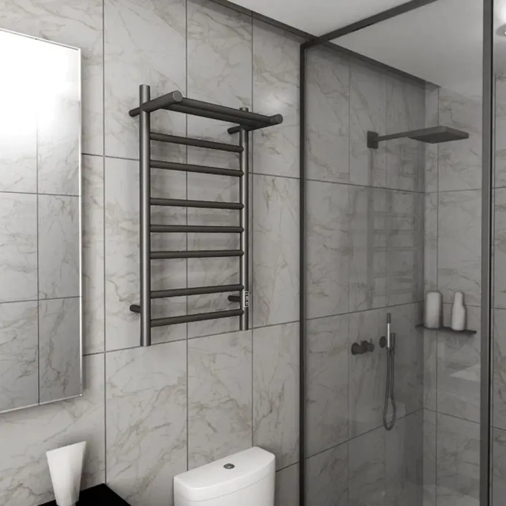 Фото 9 Полотенцесушитель электрический Bauedge Stil Shelf Gun Grey П7 400x800 мм 110 Вт с полкой лесенка цвет темно-серый металлик Фото 9 Полотенцесушитель электрический Bauedge Stil Shelf Gun Grey П7 400x800 мм 110 Вт с полкой лесенка цвет темно-серый металлик