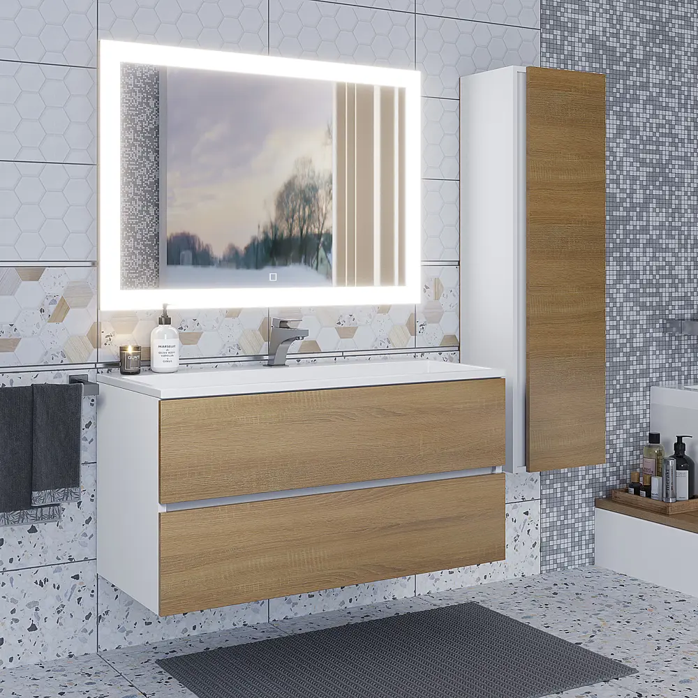 Фото 6 Тумба с раковиной для ванной подвесная Uperwood Barsa 100x45x57 см белая/дуб сонома, раковина белая Фото 6 Тумба с раковиной для ванной подвесная Uperwood Barsa 100x45x57 см белая/дуб сонома, раковина белая