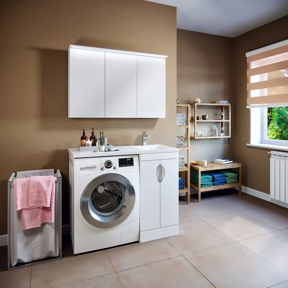 Фото 6 Мебель для ванной Runo ЛИРА 45 тумба с раковиной Gamma 105 левое крыло с зеркалом Лира 105 цвет белый глянец