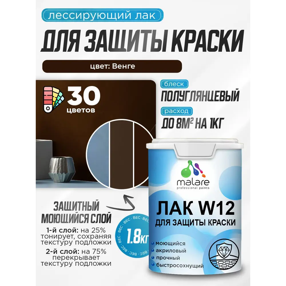 Фото Лак для защиты акриловых красок тонирующий Malare Series W моющийся экологичный полуглянцевый венге 1.8 кг Фото Лак для защиты акриловых красок тонирующий Malare Series W моющийся экологичный полуглянцевый венге 1.8 кг