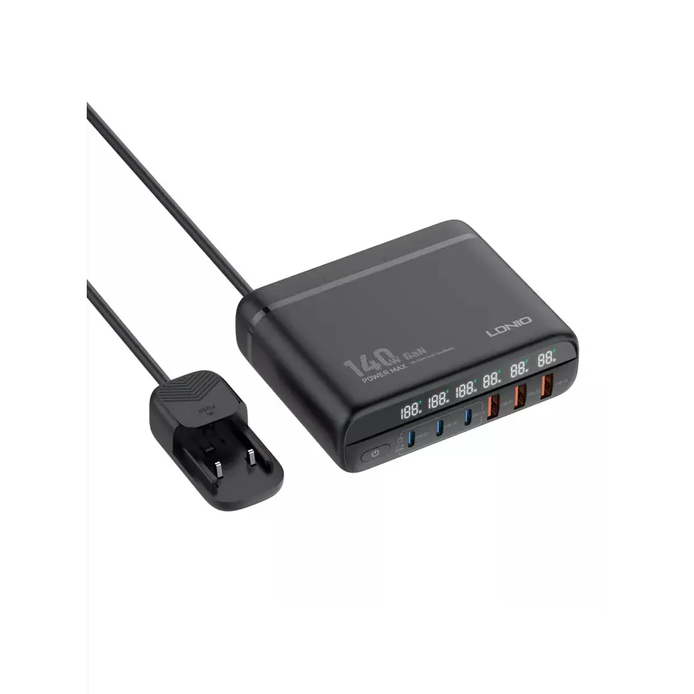 Фото 2 Зарядное устройство ldnio A6140C/GaN LED дисплей/100W PD кабель/ PD+PPS+QC 5.0 6 USB 140 Вт цвет черный Фото 2 Зарядное устройство ldnio A6140C/GaN LED дисплей/100W PD кабель/ PD+PPS+QC 5.0 6 USB 140 Вт цвет черный
