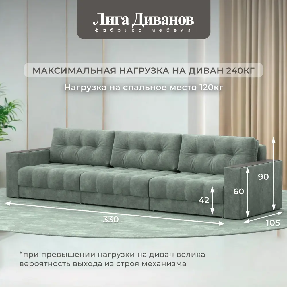 Фото 5 Диван раскладной Лига диванов Диван прямой с декором Лига-049 НПБ Лонг 330x90x105 см велюр цвет brut 08 зеленый Фото 5 Диван раскладной Лига диванов Диван прямой с декором Лига-049 НПБ Лонг 330x90x105 см велюр цвет brut 08 зеленый
