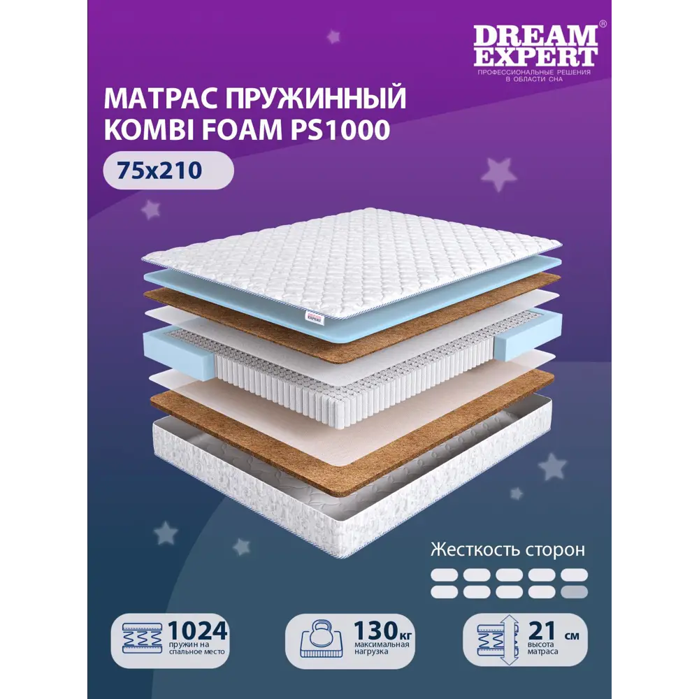 Фото 2 Матрас Dreamexpert Kombi Foam PS1000 DEXDE7622685 75x210x21 см независимый пружинный блок 1-спальный Фото 2 Матрас Dreamexpert Kombi Foam PS1000 DEXDE7622685 75x210x21 см независимый пружинный блок 1-спальный