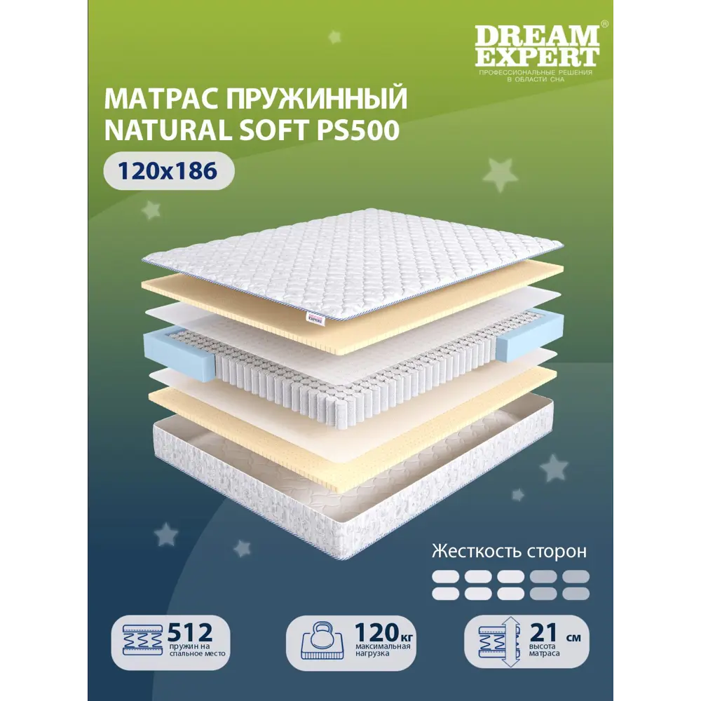 Фото 2 Матрас Dreamexpert Natural Soft PS500 DEXDE7625113 120x186x21 см независимый пружинный блок 1.5-спальный Фото 2 Матрас Dreamexpert Natural Soft PS500 DEXDE7625113 120x186x21 см независимый пружинный блок 1.5-спальный