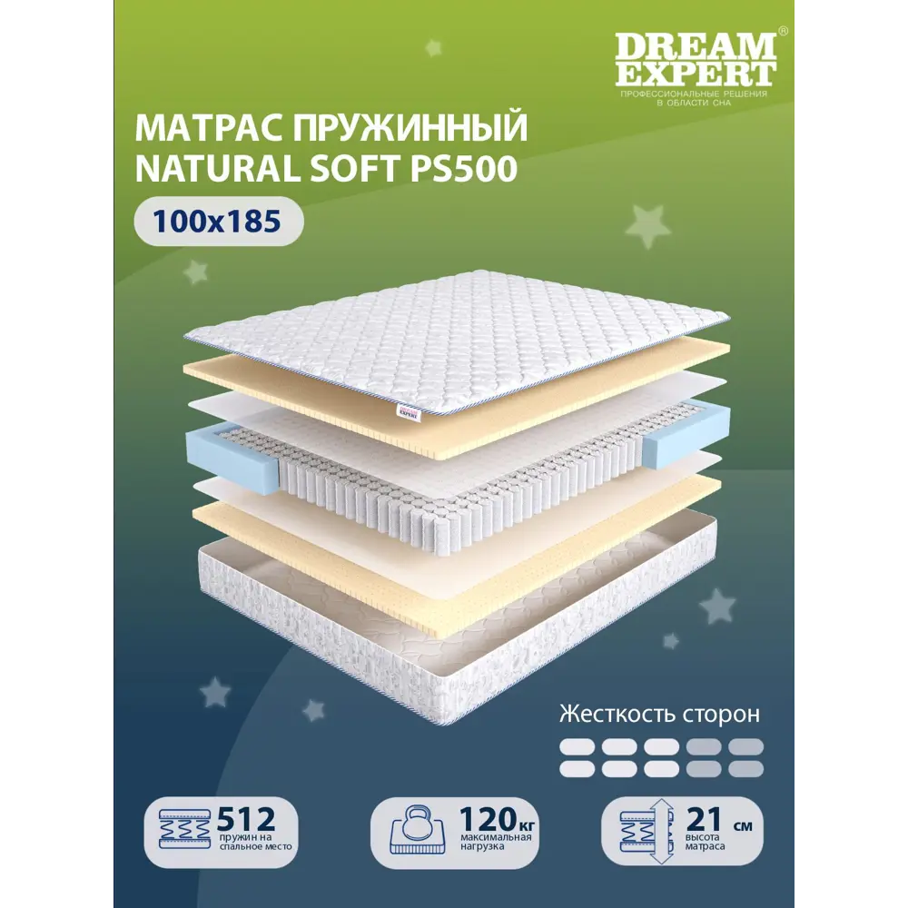 Фото 2 Матрас Dreamexpert Natural Soft PS500 DEXDE7625363 100x185x21 см независимый пружинный блок 1.5-спальный Фото 2 Матрас Dreamexpert Natural Soft PS500 DEXDE7625363 100x185x21 см независимый пружинный блок 1.5-спальный