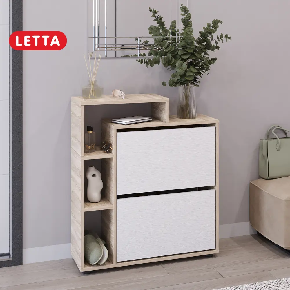 Фото Шкаф для обуви Letta 75x86x24.6 см ЛДСП цвет белый/дуб сонома Фото Шкаф для обуви Letta 75x86x24.6 см ЛДСП цвет белый/дуб сонома