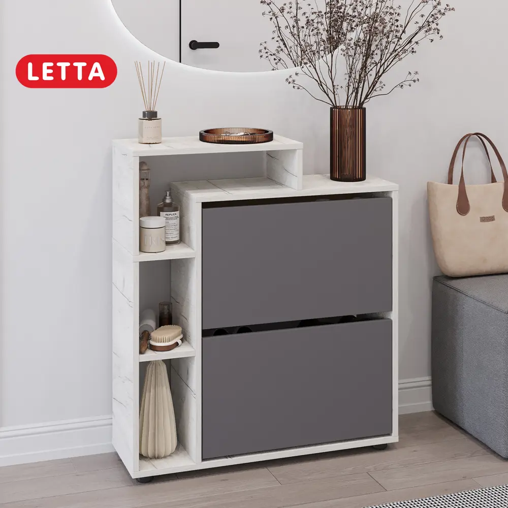 Фото Обувница Letta 75x83.5x24.6 см 2 полки ЛДСП цвет графит/беленый дуб/белый Фото Обувница Letta 75x83.5x24.6 см 2 полки ЛДСП цвет графит/беленый дуб/белый