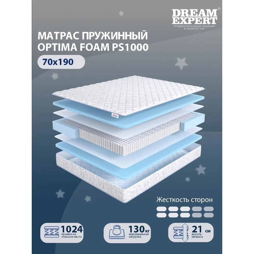 Фото 2 Матрас Dreamexpert Optima Foam PS1000 DEXDE7619345 75x190x21 см независимый пружинный блок 1-спальный