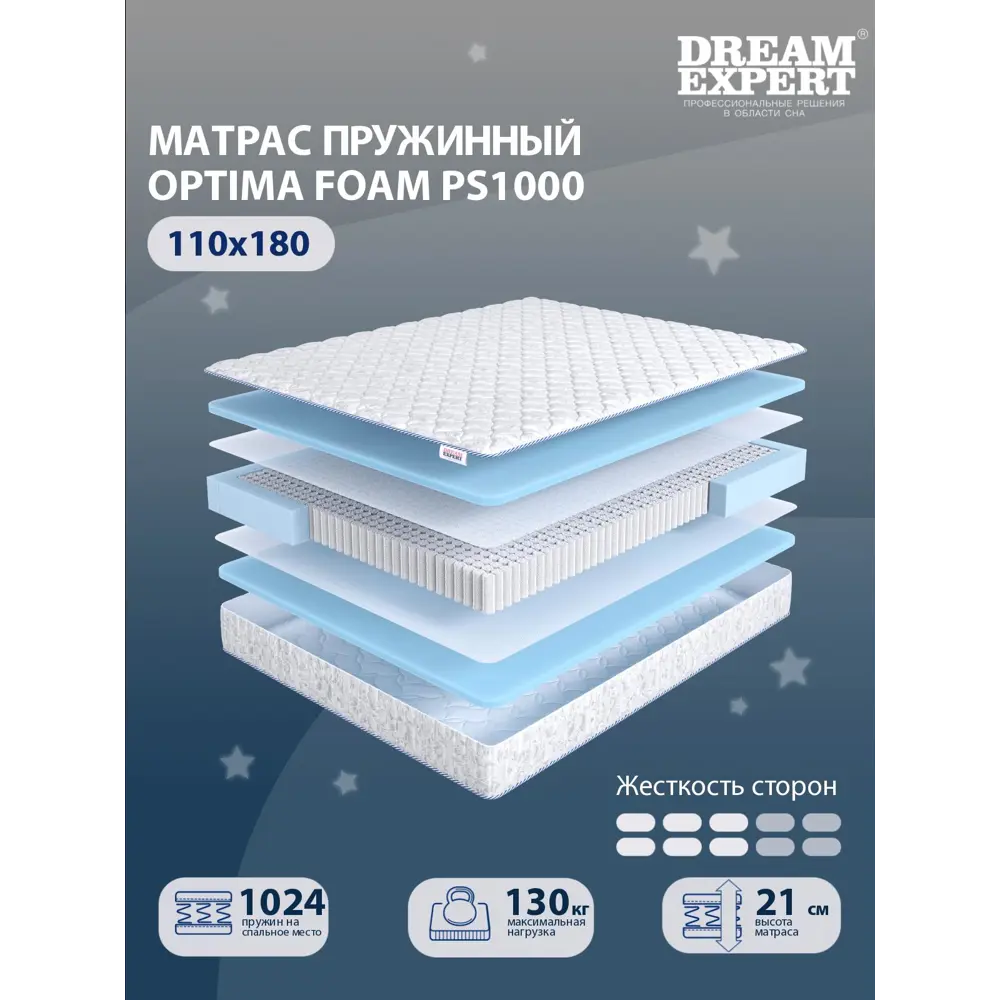 Фото 2 Матрас Dreamexpert Optima Foam PS1000 DEXDE7619421 115x180x21 см независимый пружинный блок 1.5-спальный