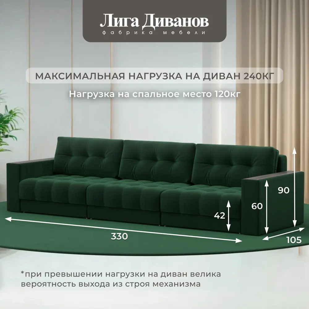 Фото 5 Диван раскладной Лига диванов 330x90x105 см велюр цвет seven 626 зеленый Фото 5 Диван раскладной Лига диванов 330x90x105 см велюр цвет seven 626 зеленый