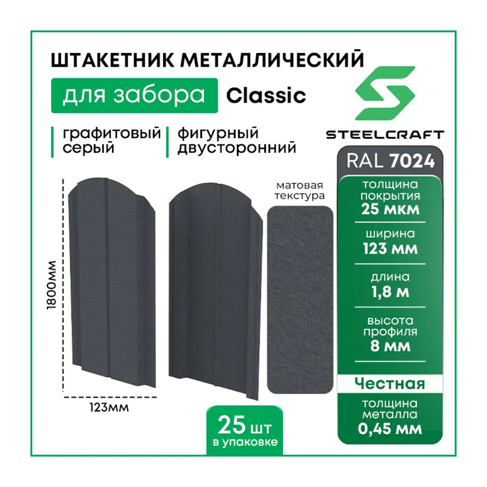 Фото 5 Штакетник Steelcraft Classic 123x1800мм двухсторонний графитовый серый RAL 7024 25шт Фото 5 Штакетник Steelcraft Classic 123x1800мм двухсторонний графитовый серый RAL 7024 25шт