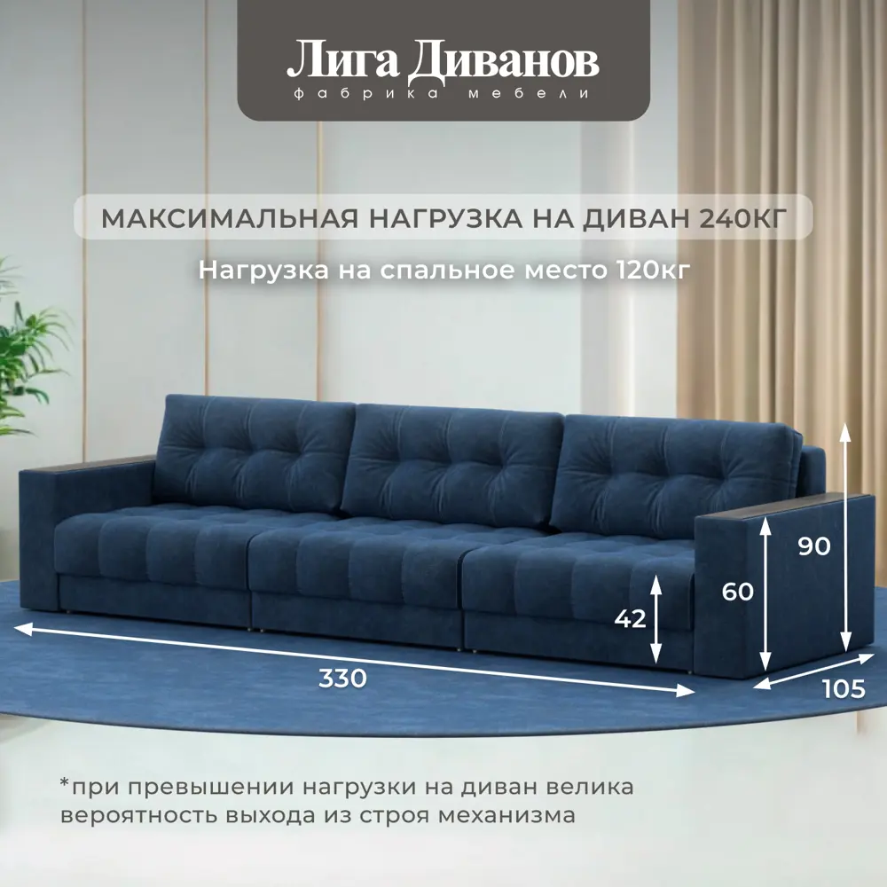 Фото 4 Диван раскладной Лига диванов 330x90x105 см велюр цвет brut 11 синий Фото 4 Диван раскладной Лига диванов 330x90x105 см велюр цвет brut 11 синий