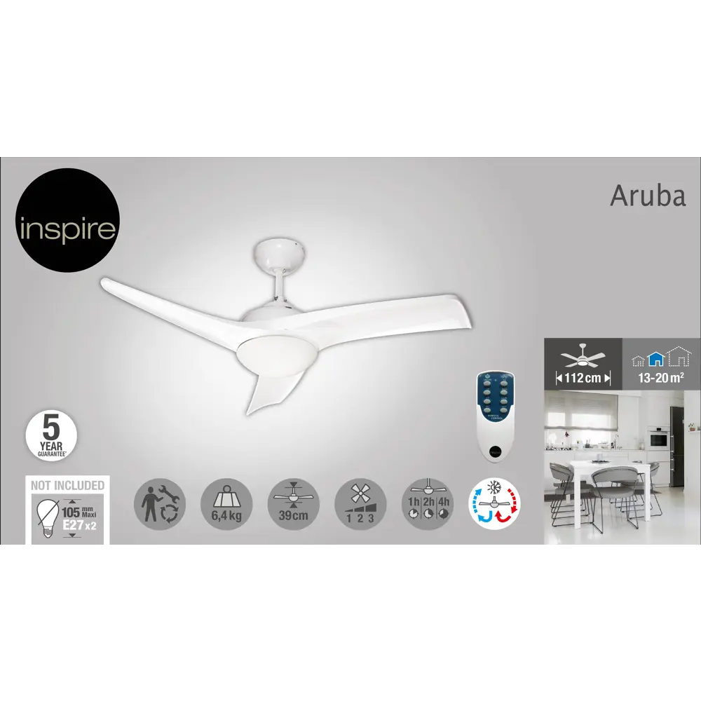 Фото 4 Люстра-вентилятор потолочный лопастной Inspire «Aruba» с пультом 2 лампы 20 м2 освещение 20 м2 вентиляция цвет белый Фото 4 Люстра-вентилятор потолочный лопастной Inspire «Aruba» с пультом 2 лампы 20 м2 освещение 20 м2 вентиляция цвет белый