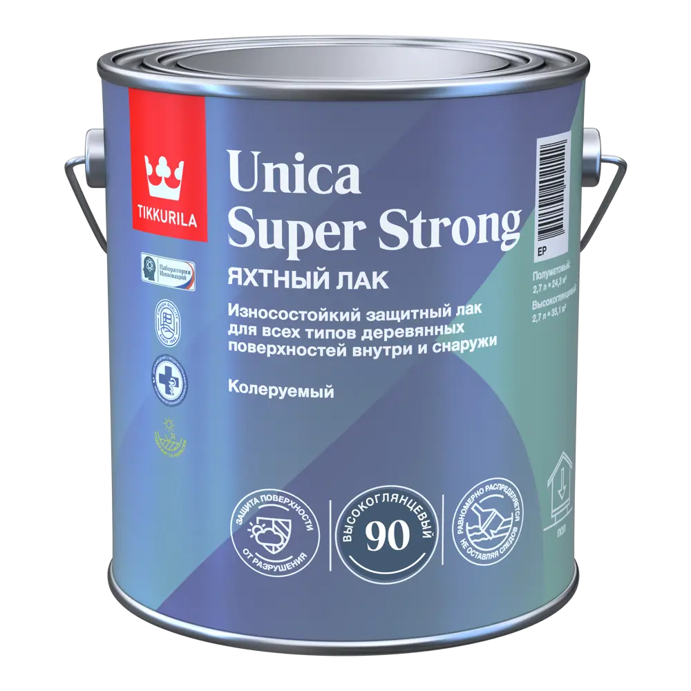 Фото 2 Лак яхтный Tikkurila Unica Super Strong База ЕР бесцветный полуматовый 2.7 л