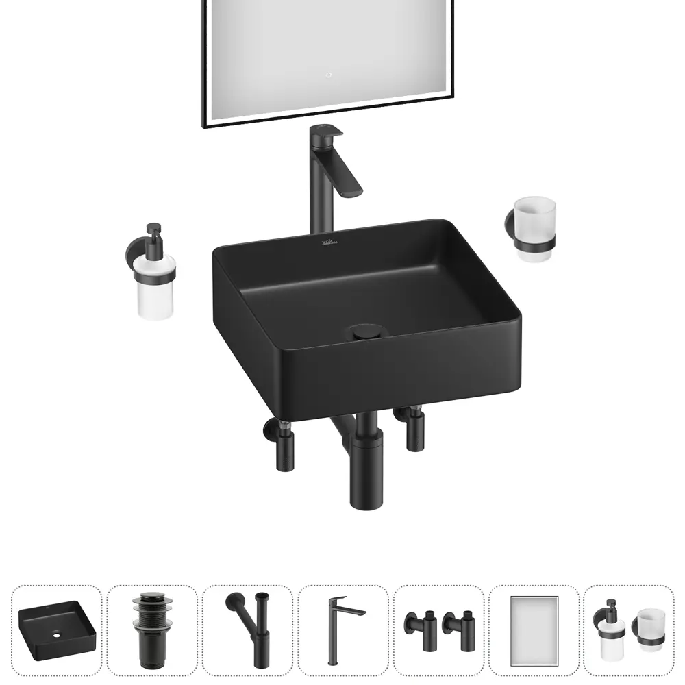 Фото 8 Раковина накладная для ванной Wellsee FreeDom 2.0 20217871R в комплекте для ванной комнаты квадрат 30x30 см цвет черный