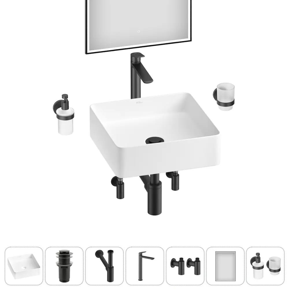 Фото 8 Раковина накладная для ванной Wellsee FreeDom 2.0 20217856R в комплекте для ванной комнаты квадрат 30x30 см цвет белый