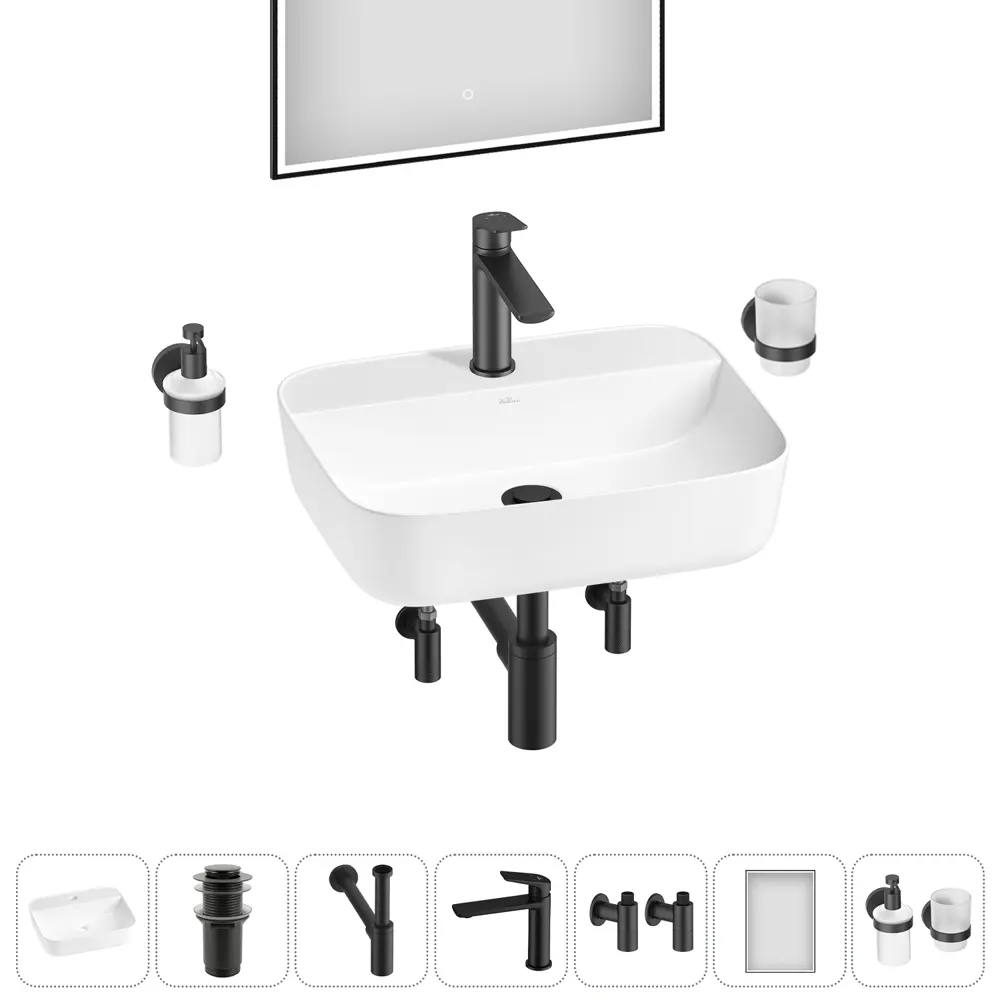 Фото 10 Раковина Wellsee preen 20218338R 50см цвет раковина 7 в 1: д/к, сифон, смеситель, вентили, зеркало, аксессуары