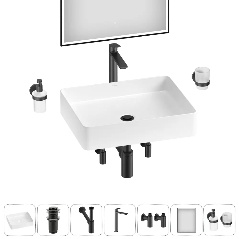 Фото 3 Раковина накладная для ванной Wellsee FreeDom 2.0 20217912R в комплекте для ванной комнаты прямоугольник 51x40 см цвет белый