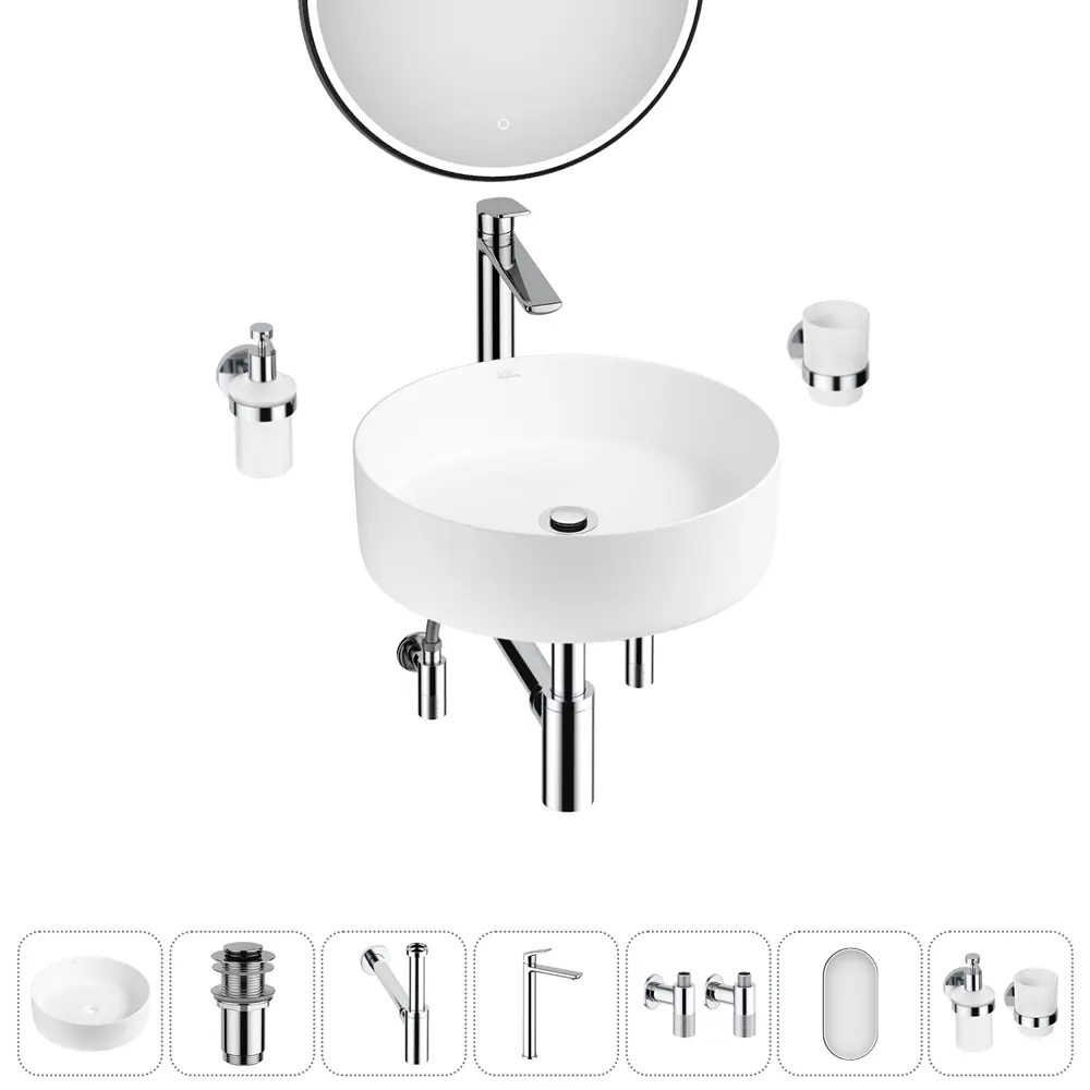 Фото Раковина накладная для ванной Wellsee Coax 20218203R в комплекте для ванной комнаты круг 30x30 см цвет белый Фото Раковина накладная для ванной Wellsee Coax 20218203R в комплекте для ванной комнаты круг 30x30 см цвет белый