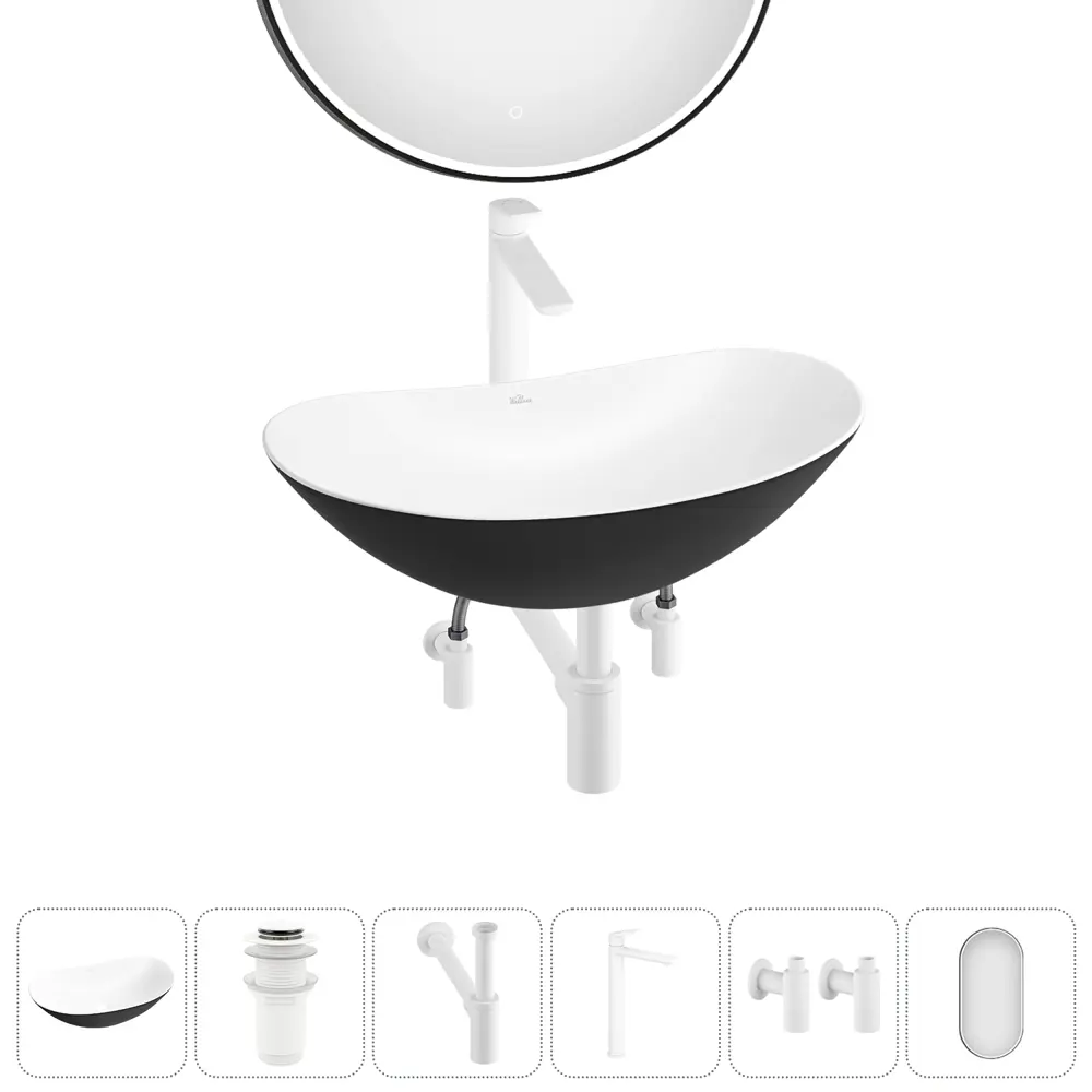 Фото 12 Раковина Wellsee carefree dove 20218371R 53см цвет раковина 6 в 1: д/к, сифон, смеситель, вентили, зеркало