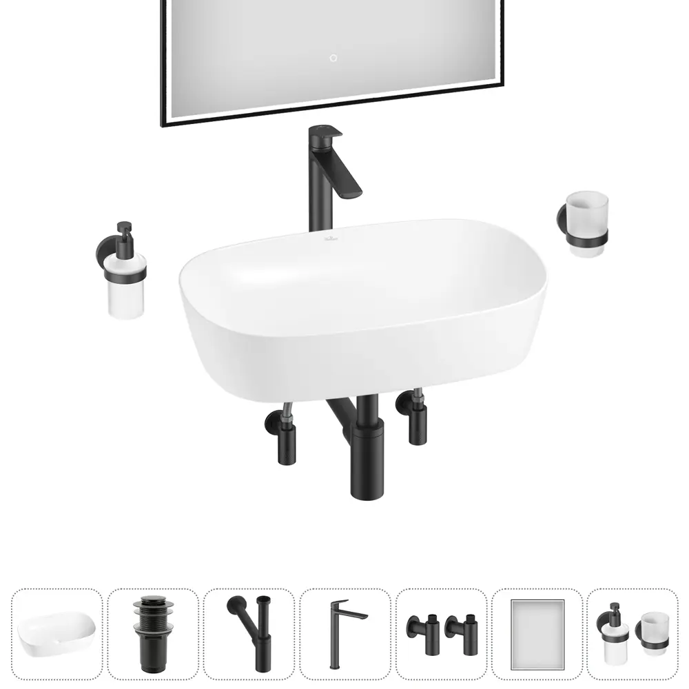 Фото 9 Раковина Wellsee ground breaking 20218618R 61см цвет раковина 7 в 1: д/к, сифон, смеситель, вентили, зеркало, аксессуары