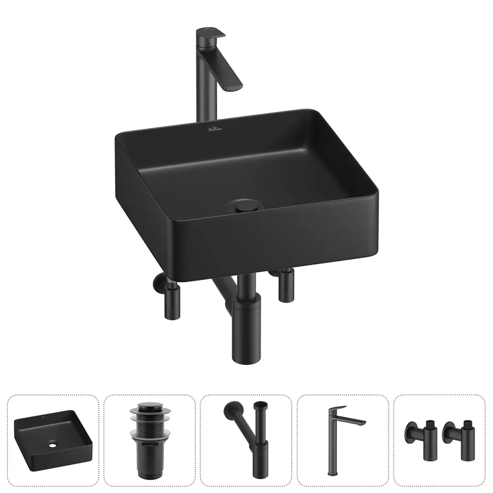 Фото 7 Раковина накладная для ванной Wellsee FreeDom 2.0 20214417R с донным клапаном, сифоном, смесителем и вентилями квадрат 30x30 см цвет черный