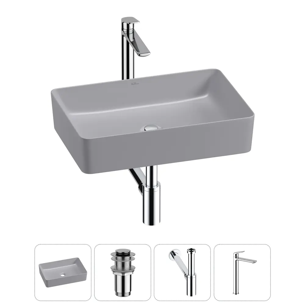 Фото Раковина накладная для ванной Wellsee FreeDom 2.0 20214485R с донным клапаном, сифоном и смесителем прямоугольник 50x34 см цвет Серый/серебристый