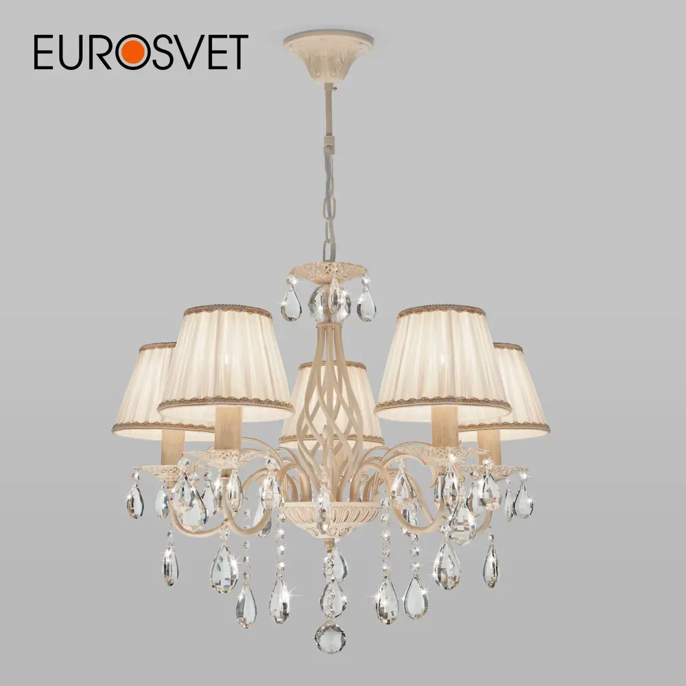 Фото Люстра с хрусталем EUROSVET 10054/5 белый с золотом Фото Люстра с хрусталем EUROSVET 10054/5 белый с золотом