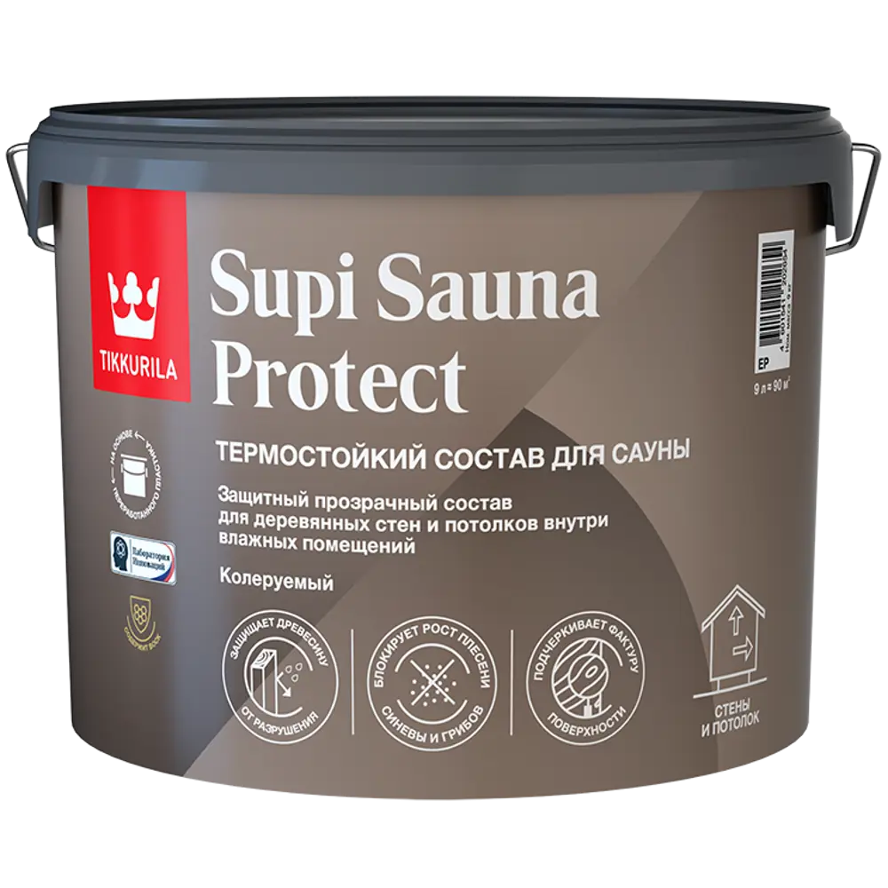 Фото 2 Защитный состав для стен в сауне Tikkurila Supi Sauna Protect База EP бесцветный полуматовый 9 л Фото 2 Защитный состав для стен в сауне Tikkurila Supi Sauna Protect База EP бесцветный полуматовый 9 л