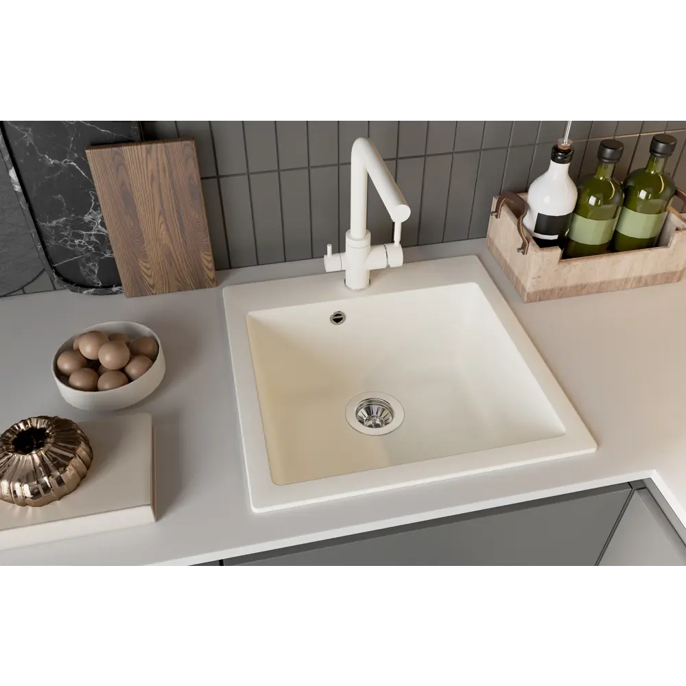 Фото 5 Мойка для кухни врезная KONSENSA 51x51 см глубина чаши 23 см кварц цвет белый