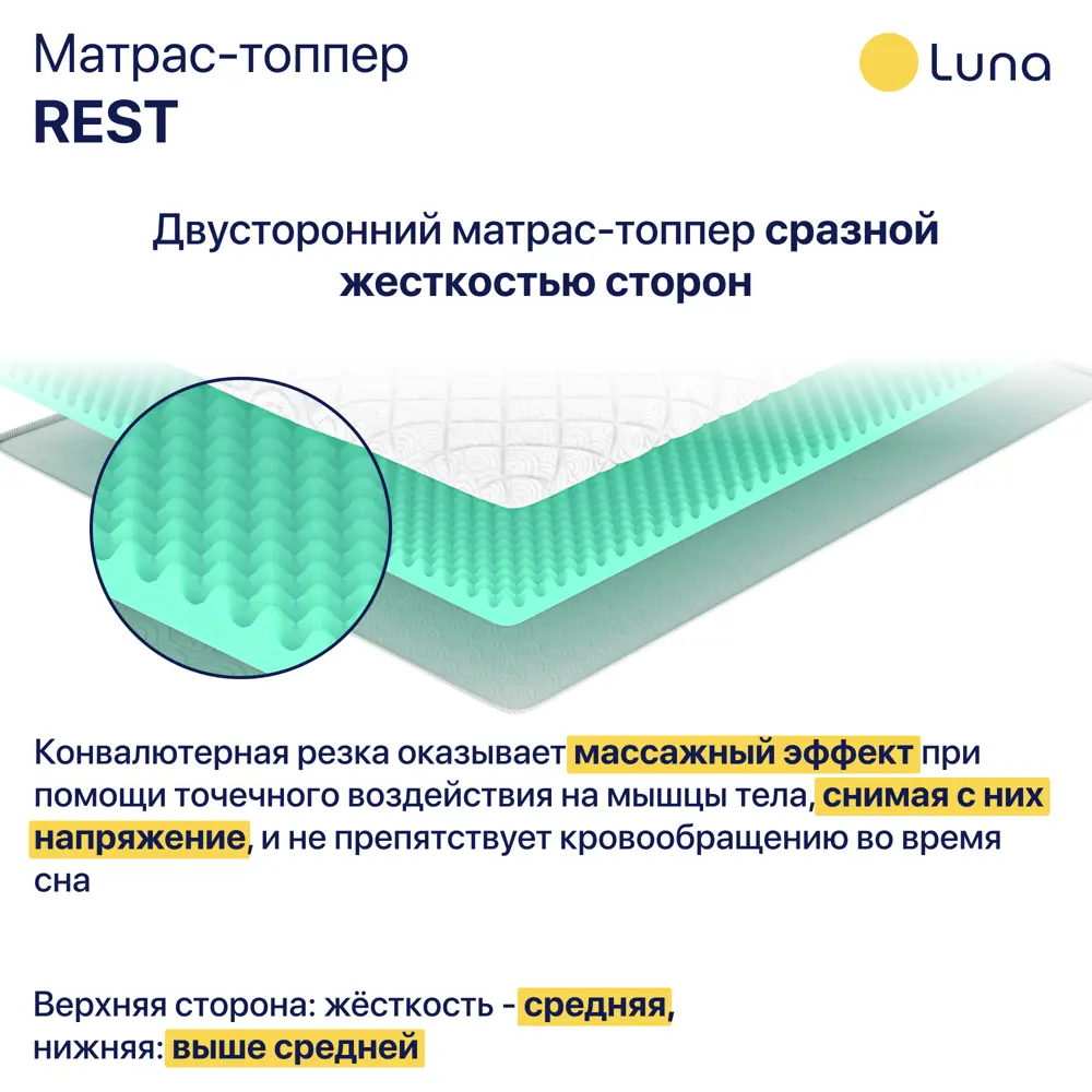 Фото 3 Матрас-топпер ортопедический Luna inc 140x190x6 см, полиуретановая пена, двуспальный Фото 3 Матрас-топпер ортопедический Luna inc 140x190x6 см, полиуретановая пена, двуспальный