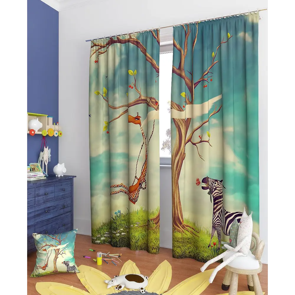 Фото 2 Комплект штор на ленте At Home Жираф и зебра 150x260 см блэкаут цвет синий/коричневый/голубой/зеленый AA900175
