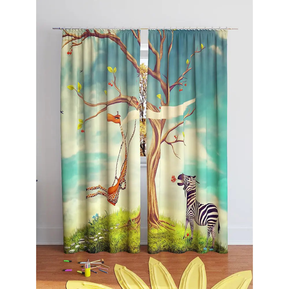 Фото 3 Комплект штор на ленте At Home Жираф и зебра 150x260 см блэкаут цвет синий/коричневый/голубой/зеленый AA900175