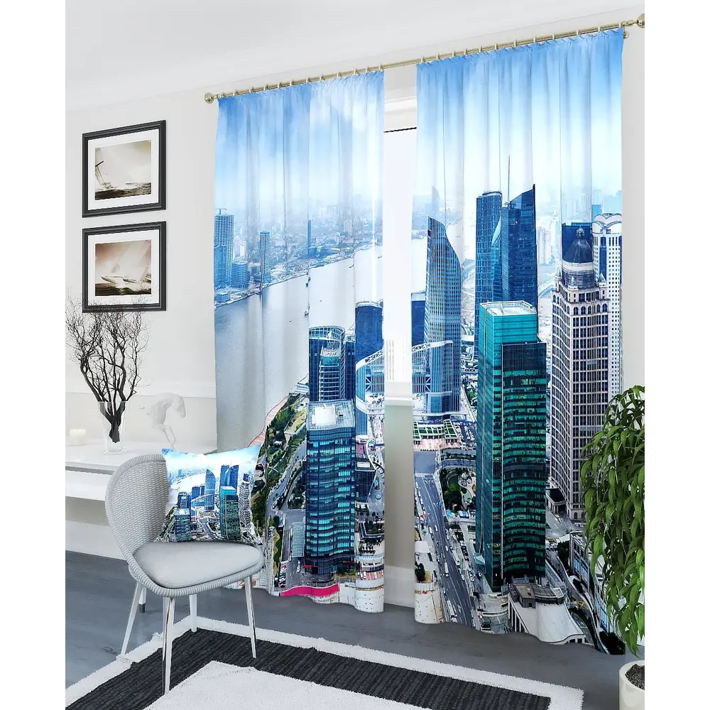 Фото 2 Комплект штор на ленте At Home Деловой Сити 150x260 см блэкаут цвет белый/голубой/зеленый AA900173 Фото 2 Комплект штор на ленте At Home Деловой Сити 150x260 см блэкаут цвет белый/голубой/зеленый AA900173