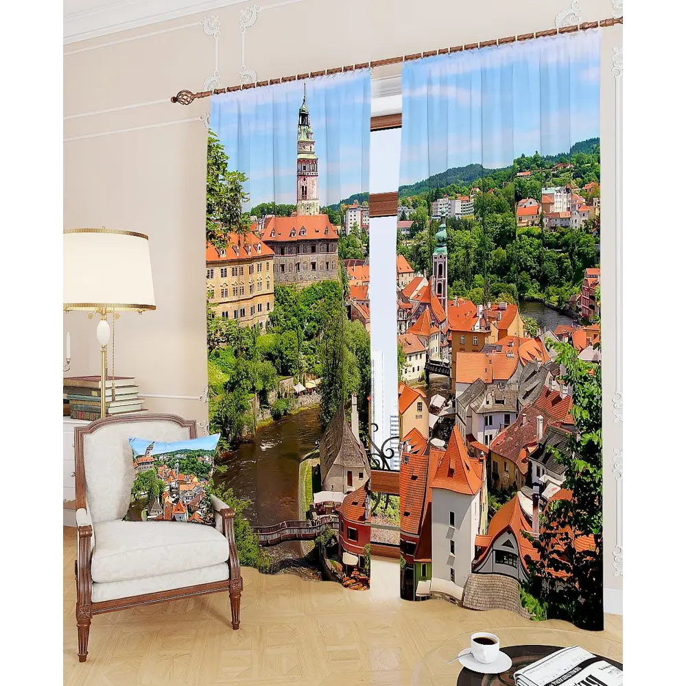 Фото 2 Комплект штор на ленте At Home Средневековый маленький город 150x260 см блэкаут цвет синий/оранжевый/голубой AA900192 Фото 2 Комплект штор на ленте At Home Средневековый маленький город 150x260 см блэкаут цвет синий/оранжевый/голубой AA900192