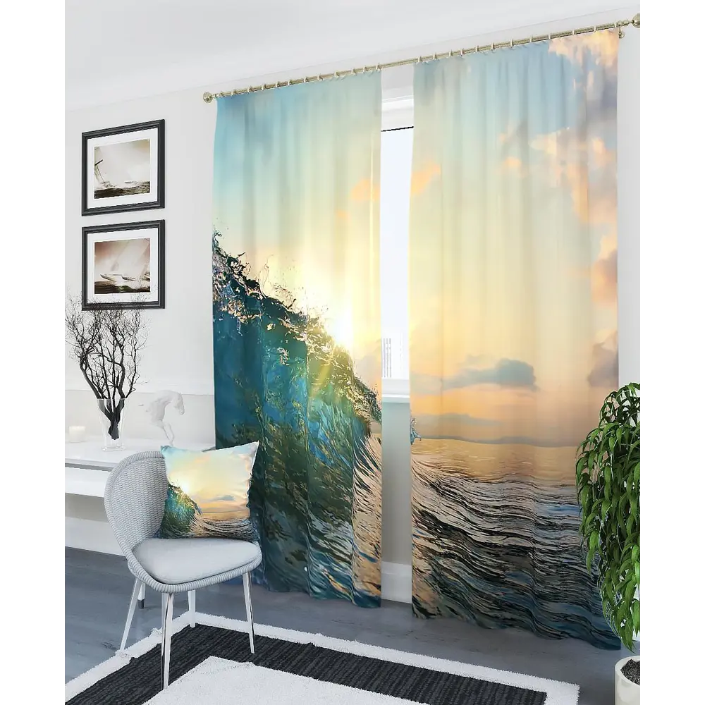 Фото 2 Комплект штор на ленте At Home Волна 150x260 см блэкаут цвет голубой AA900424