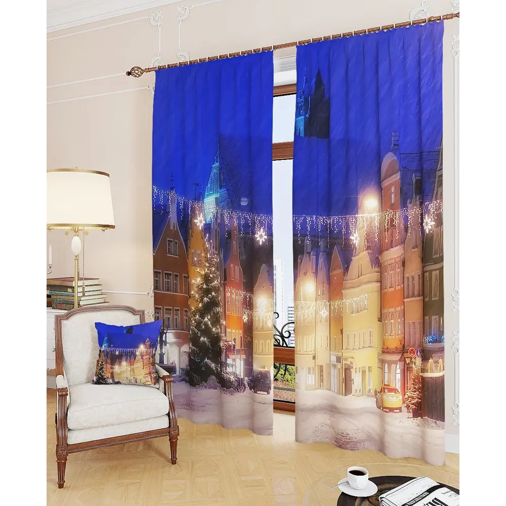 Фото 2 Комплект штор на ленте At Home Город в преддверии праздника 150x260 см блэкаут цвет бежевый/коричневый/голубой AA900366