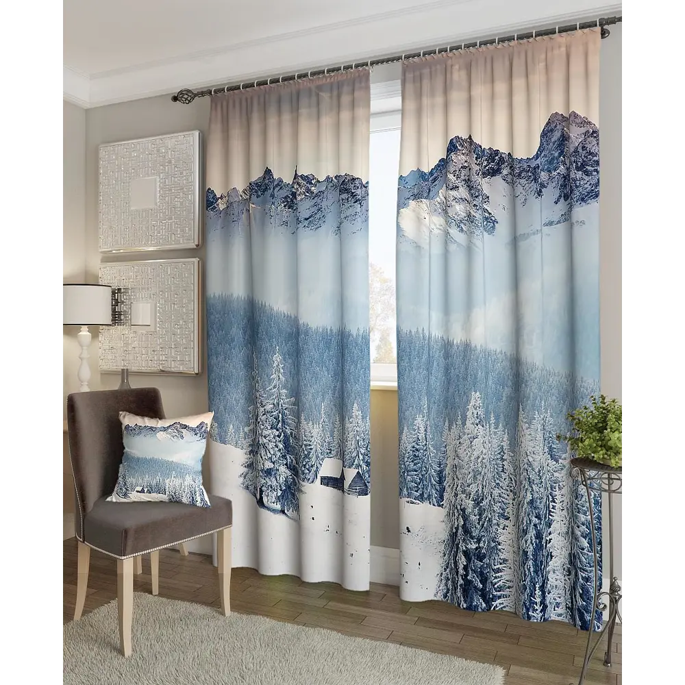 Фото 2 Комплект штор на ленте At Home Заснеженный пейзаж 150x260 см блэкаут цвет белый/голубой AA900385 Фото 2 Комплект штор на ленте At Home Заснеженный пейзаж 150x260 см блэкаут цвет белый/голубой AA900385