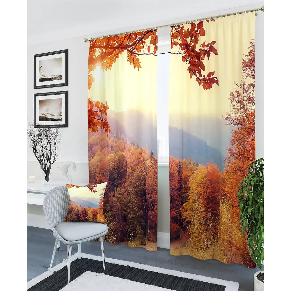 Фото 2 Комплект штор на ленте At Home Багрянец листьев 150x260 см блэкаут цвет коричневый/оранжевый/золотой AA900453