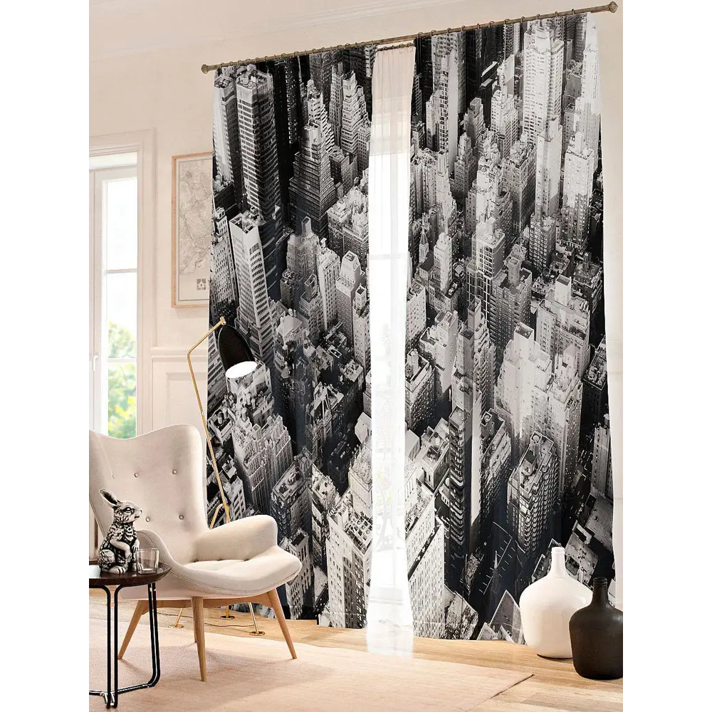 Фото Комплект штор на ленте At Home Черно-белый город 150x260 см блэкаут цвет серый AA900658 Фото Комплект штор на ленте At Home Черно-белый город 150x260 см блэкаут цвет серый AA900658