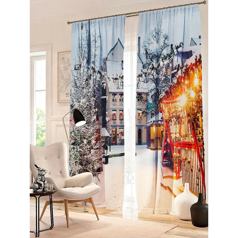 Фото Комплект штор на ленте At Home Рождественский базар 150x260 см блэкаут цвет белый/синий/красный/желтый/голубой AA900720 Фото Комплект штор на ленте At Home Рождественский базар 150x260 см блэкаут цвет белый/синий/красный/желтый/голубой AA900720
