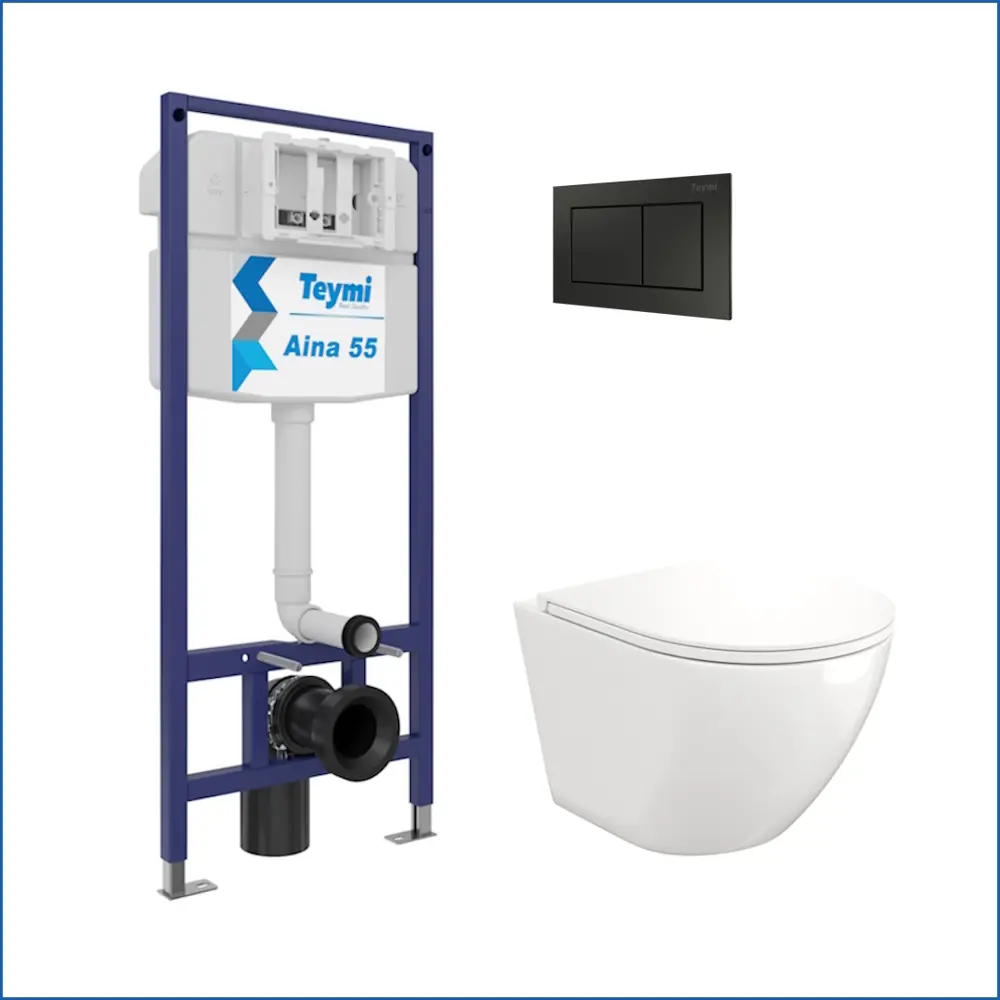 Фото 2 Инсталляция с унитазом комплект 5 в 1 Teymi унитаз подвесной безободковый Lina S кнопка черная F13559 Фото 2 Инсталляция с унитазом комплект 5 в 1 Teymi унитаз подвесной безободковый Lina S кнопка черная F13559